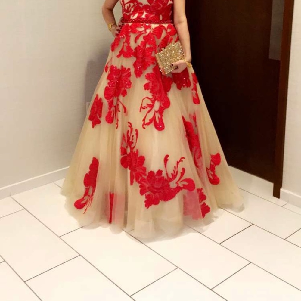 Elegant Red and Cream Floral Evening Gown